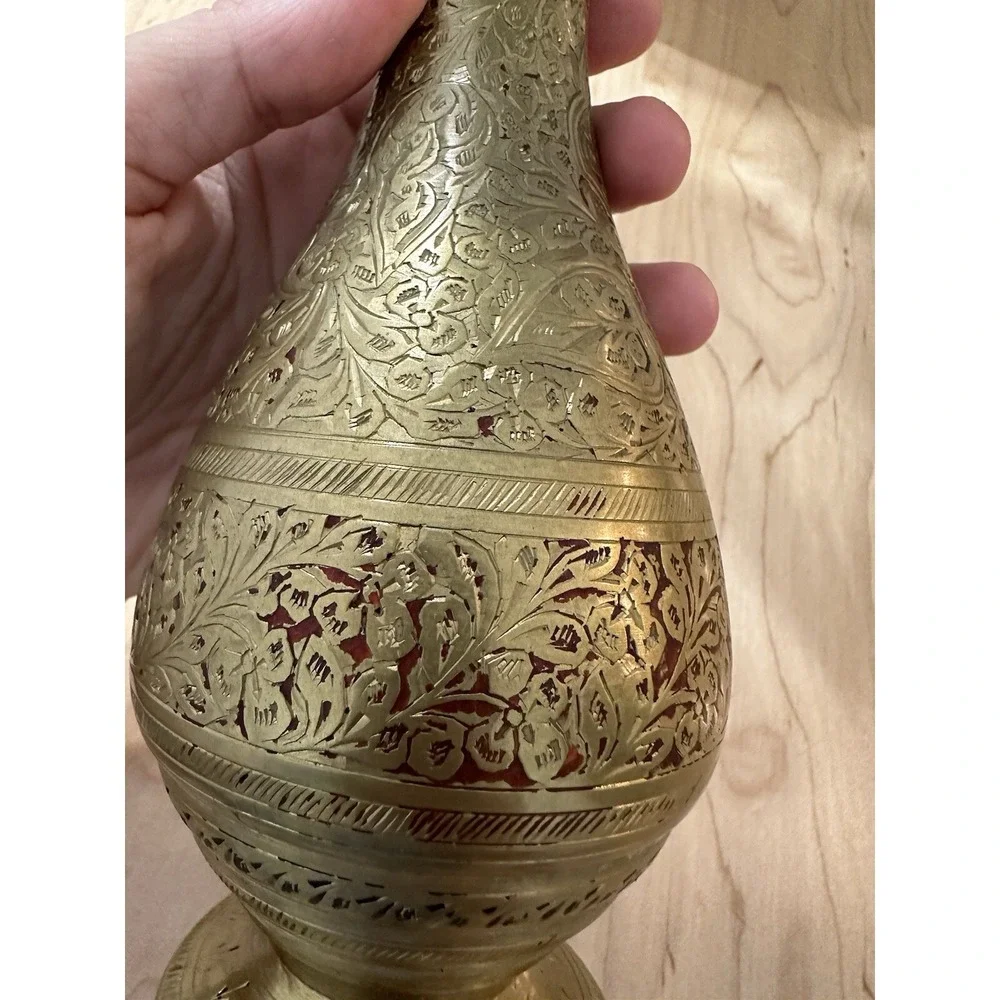 Vintage Brass Indian Vase Intricate Etched Floral Design Red Enamel 8 Inch